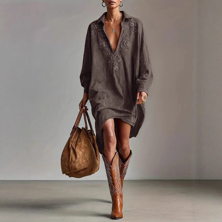 Damen Midikleid mit Stickerei - Wildleder-Optik Bohème-Kleid Langarm