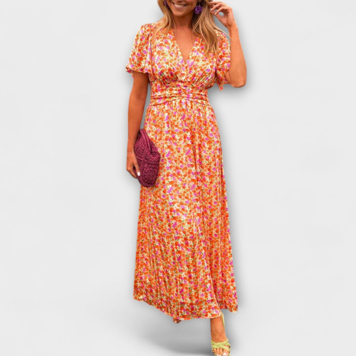 Klassisches Damen Kleid mit V-Ausschnitt und Blumenmuster - Kurzarm