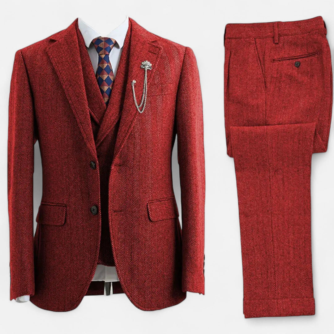 Eleganter Tweed Herringbone Herren Anzug Dreiteiler Zweireihig