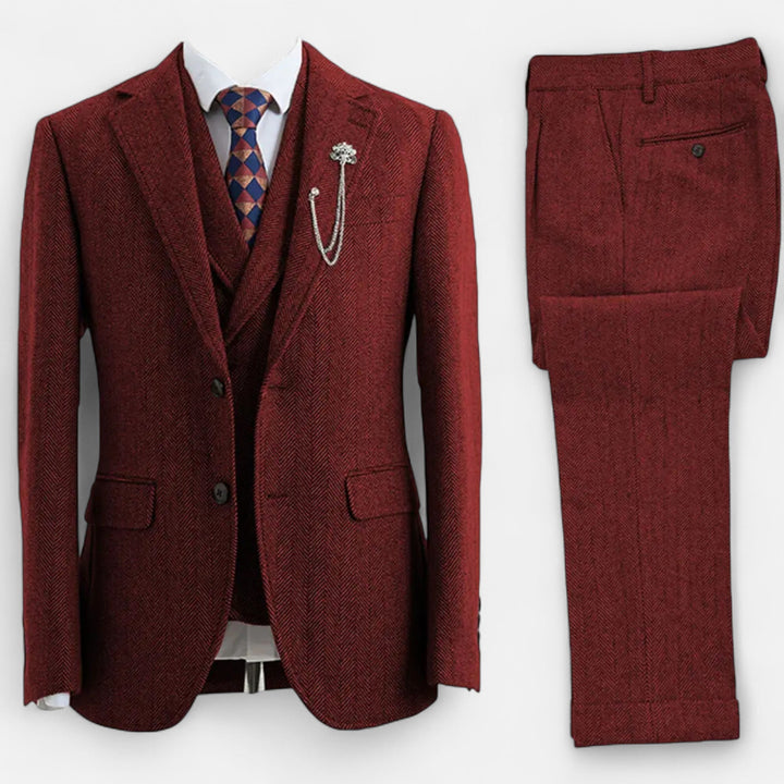 Eleganter Tweed Herringbone Herren Anzug Dreiteiler Zweireihig