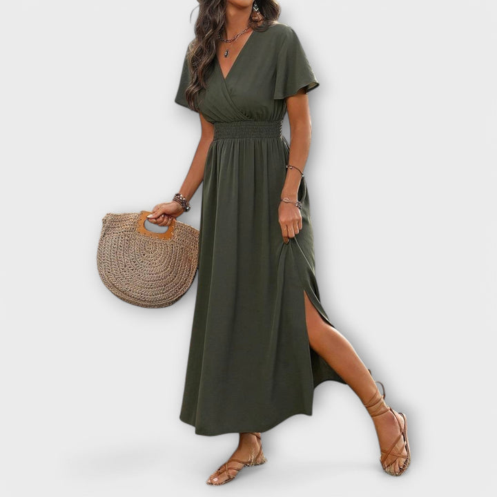 Elegantes Damen Boho-Kleid mit V-Ausschnitt und langen Ärmeln
