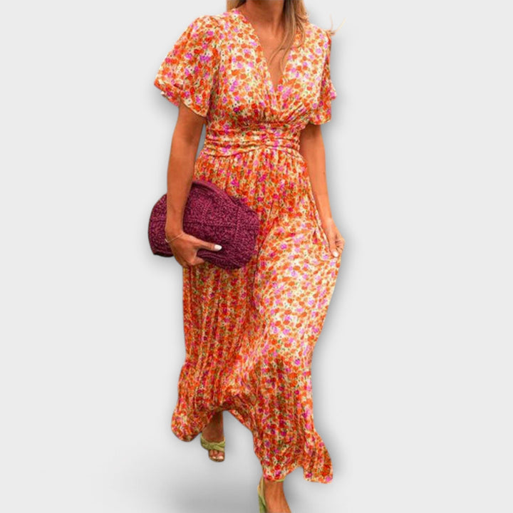 Klassisches Damen Kleid mit V-Ausschnitt und Blumenmuster - Kurzarm