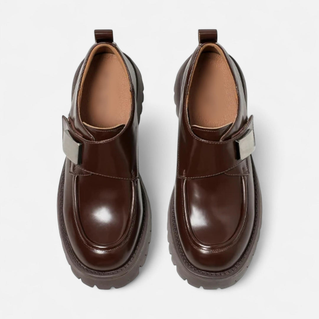 Elegante Leder Derby Schuhe für Damen mit runder Spitze und Schnallenverschluss