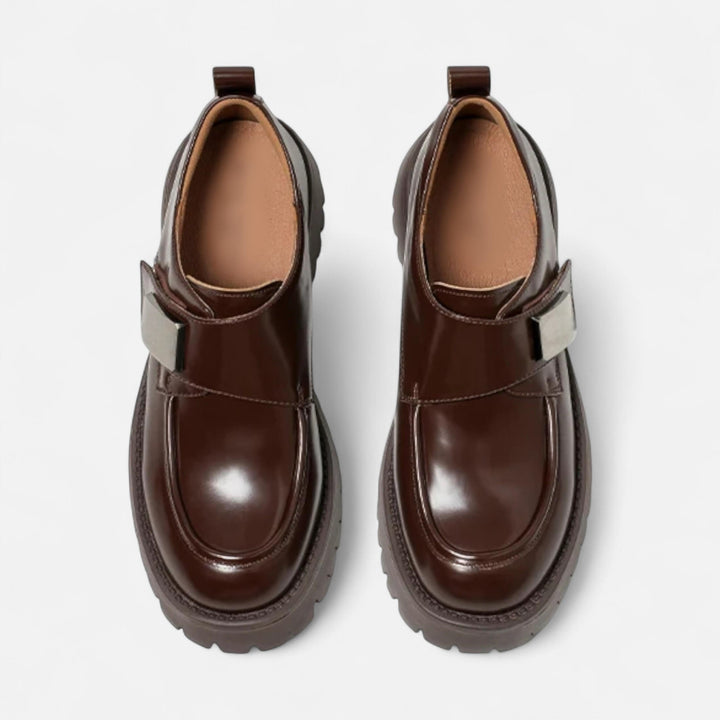 Elegante Leder Derby Schuhe für Damen mit runder Spitze und Schnallenverschluss