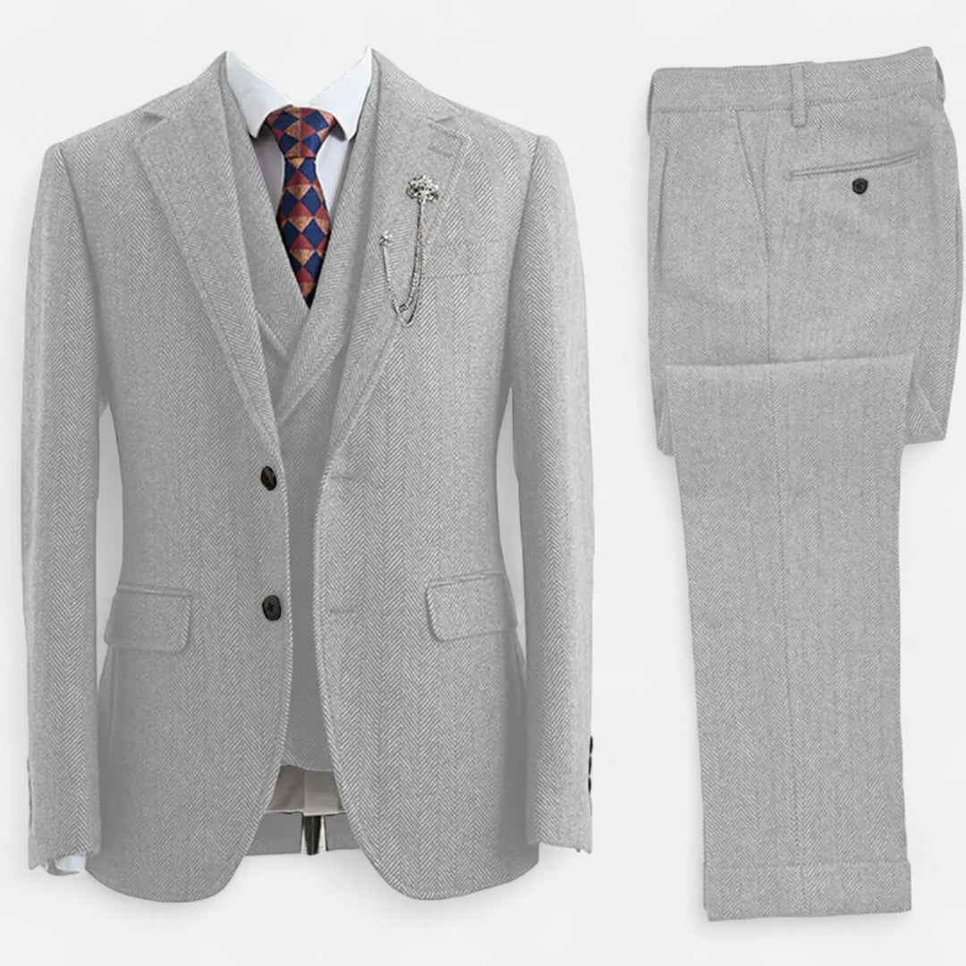 Eleganter Tweed Herringbone Herren Anzug Dreiteiler Zweireihig