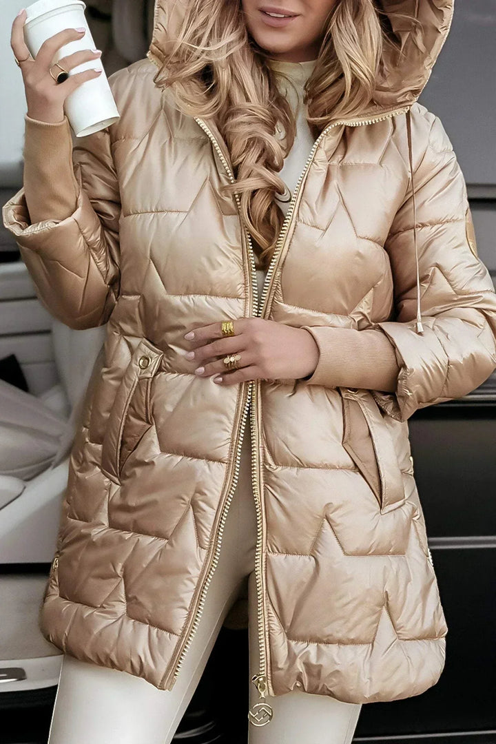 Lange Gesteppte Damen Winterjacke mit Kapuze - Warme Steppjacke