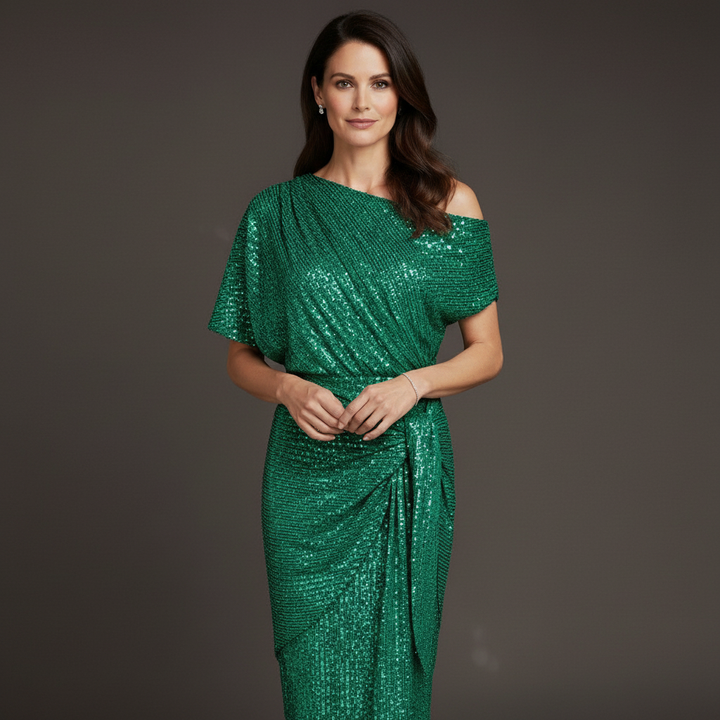 Elegantes Pailletten Cocktailkleid Damen mit asymmetrischer Schulter