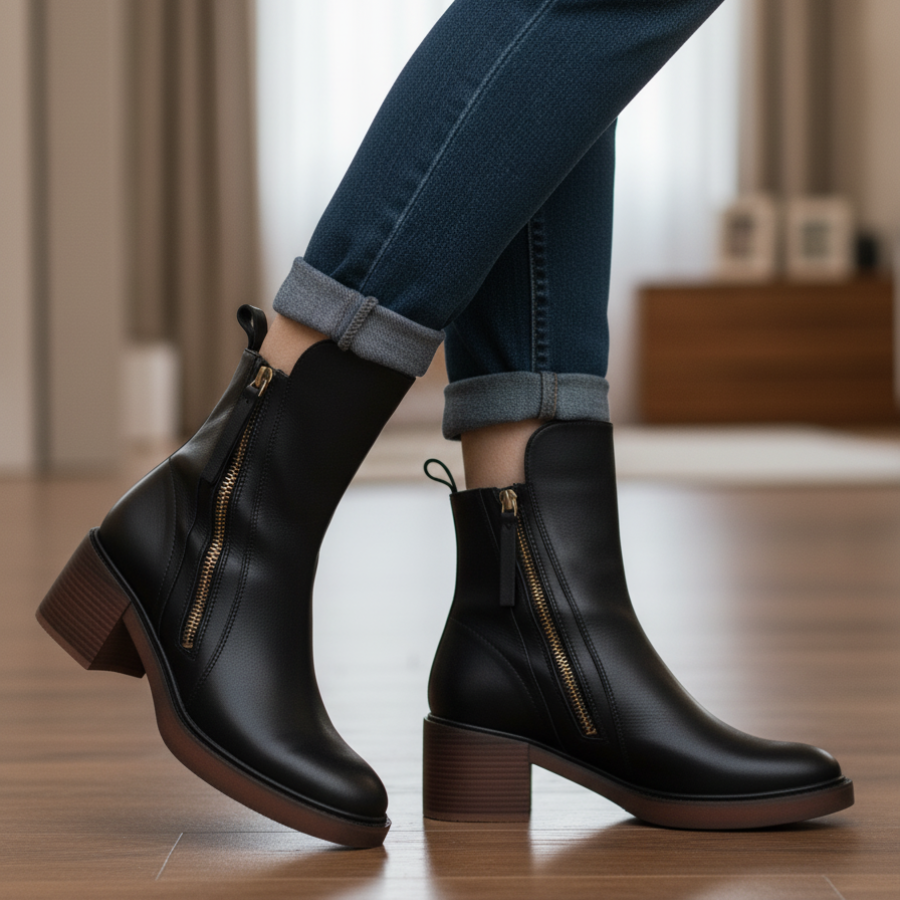 Elegante Damen Lederstiefeletten mit Blockabsatz - Bequeme Ankle Boots
