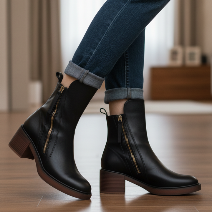 Elegante Damen Lederstiefeletten mit Blockabsatz - Bequeme Ankle Boots