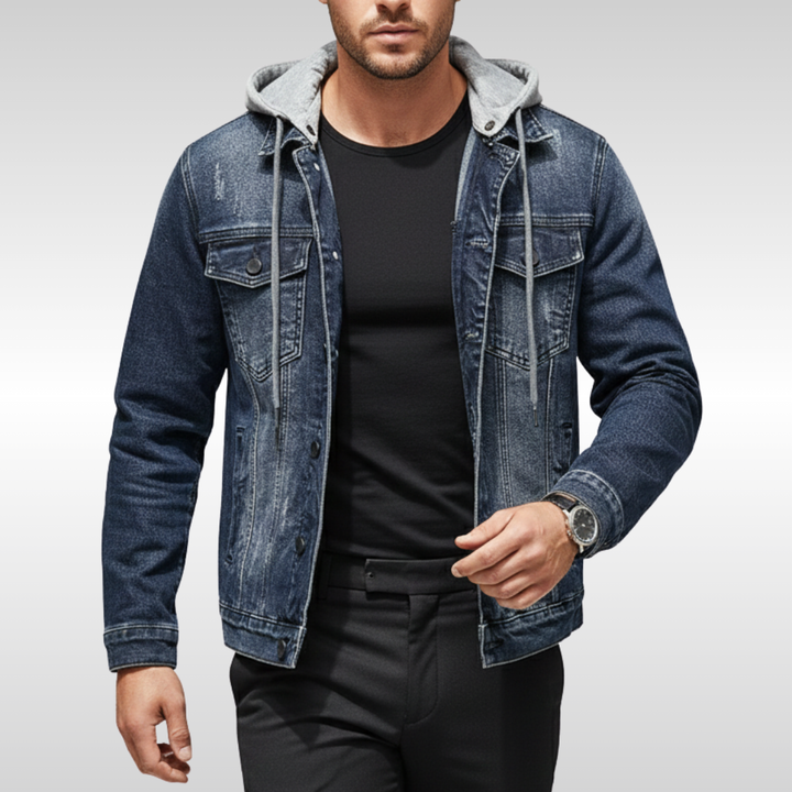 Gefütterte Herren Denim Jacke mit abnehmbarer Kapuze für den Winter