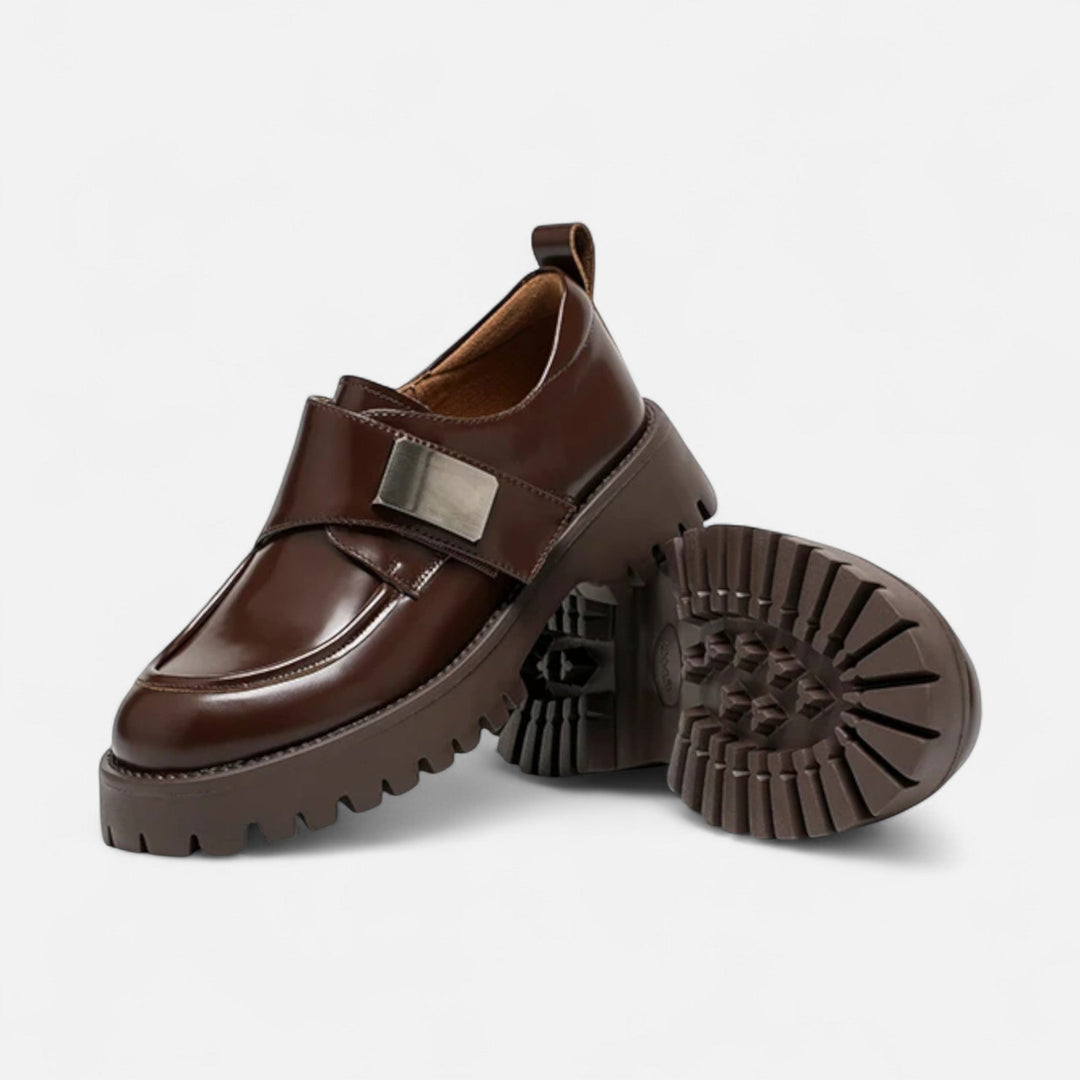 Elegante Leder Derby Schuhe für Damen mit runder Spitze und Schnallenverschluss