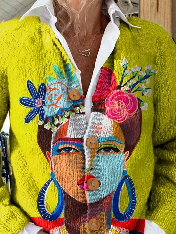 Künstlerische Damen Strickjacke mit Portrait-Print - Geknöpfte Cardigan
