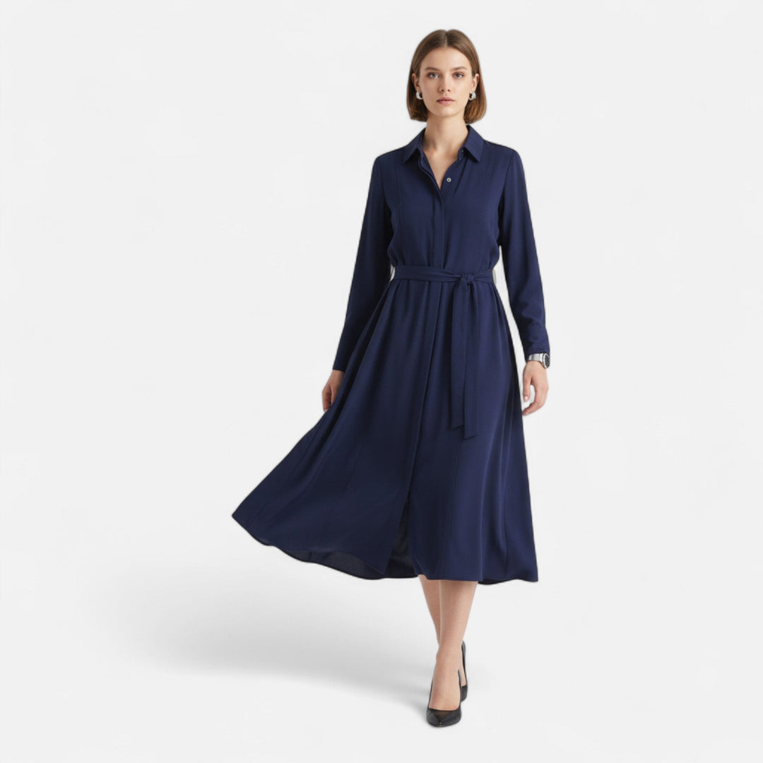 Elegantes Slim-Fit Damen Midi Hemdblusekleid mit Gürtel