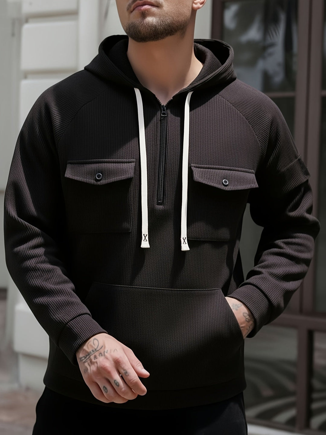 Herren Hoodie mit Quarter-Zip und Brusttaschen