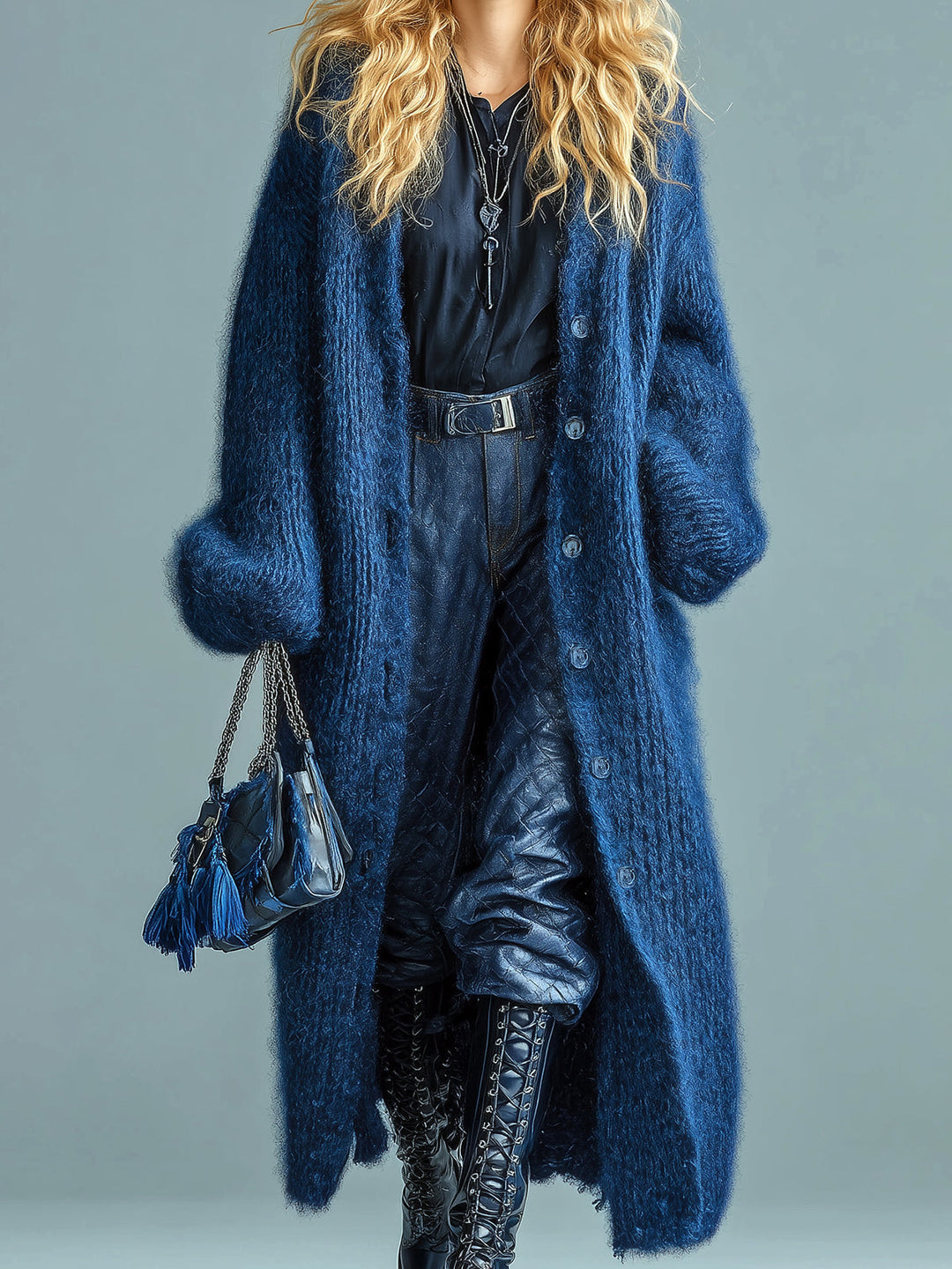 Longline Flauschiger Strick-Cardigan mit Knopfleiste Damen