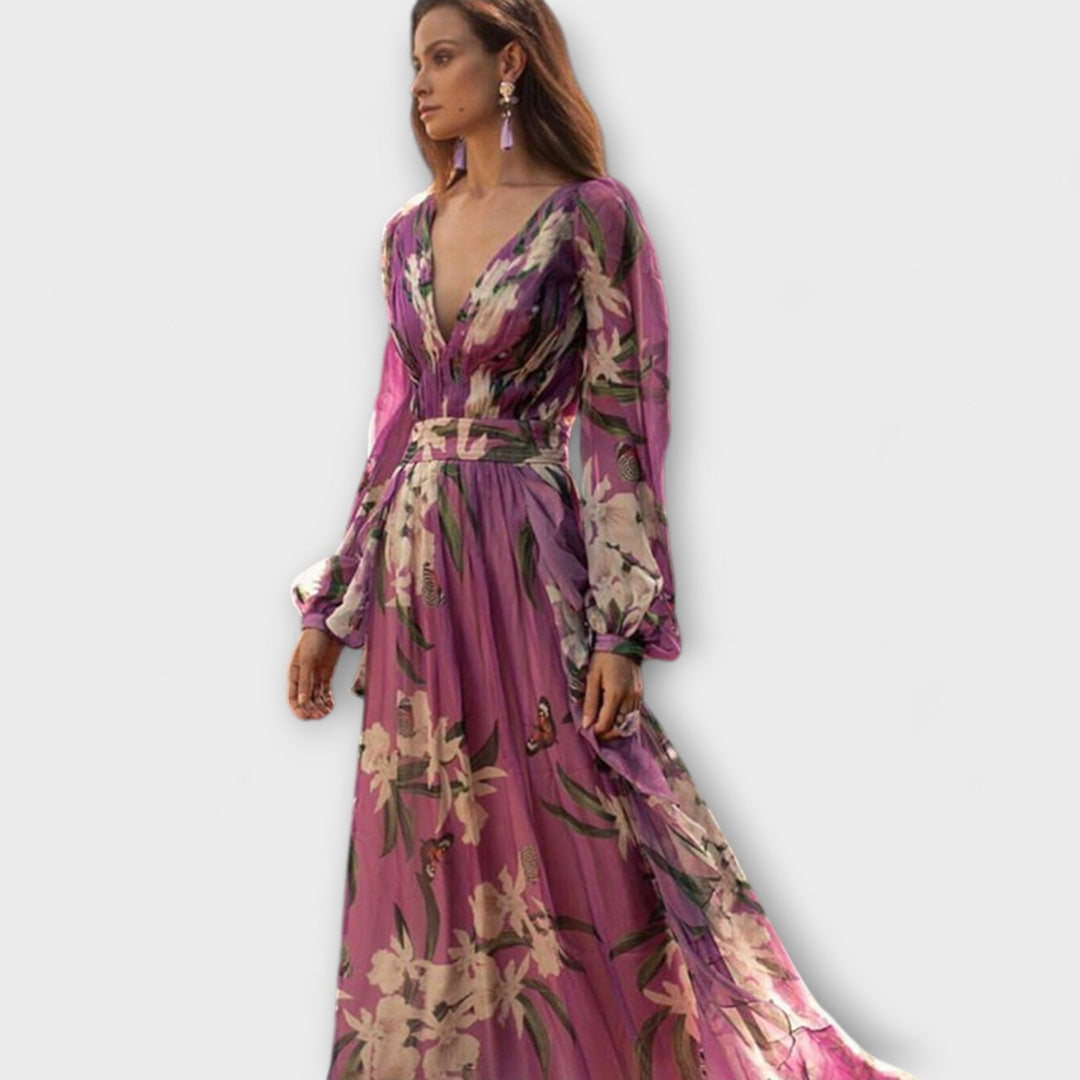 Elegantes Damen Maxikleid - Langarm mit V-Ausschnitt für besondere Anlässe