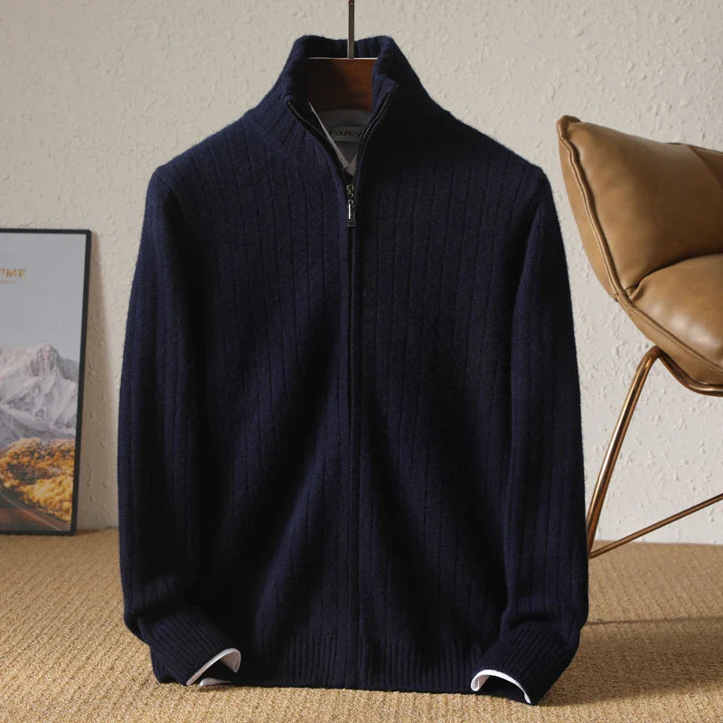 Herren Merino Woll-Cardigan mit Stehkragen und Reißverschluss