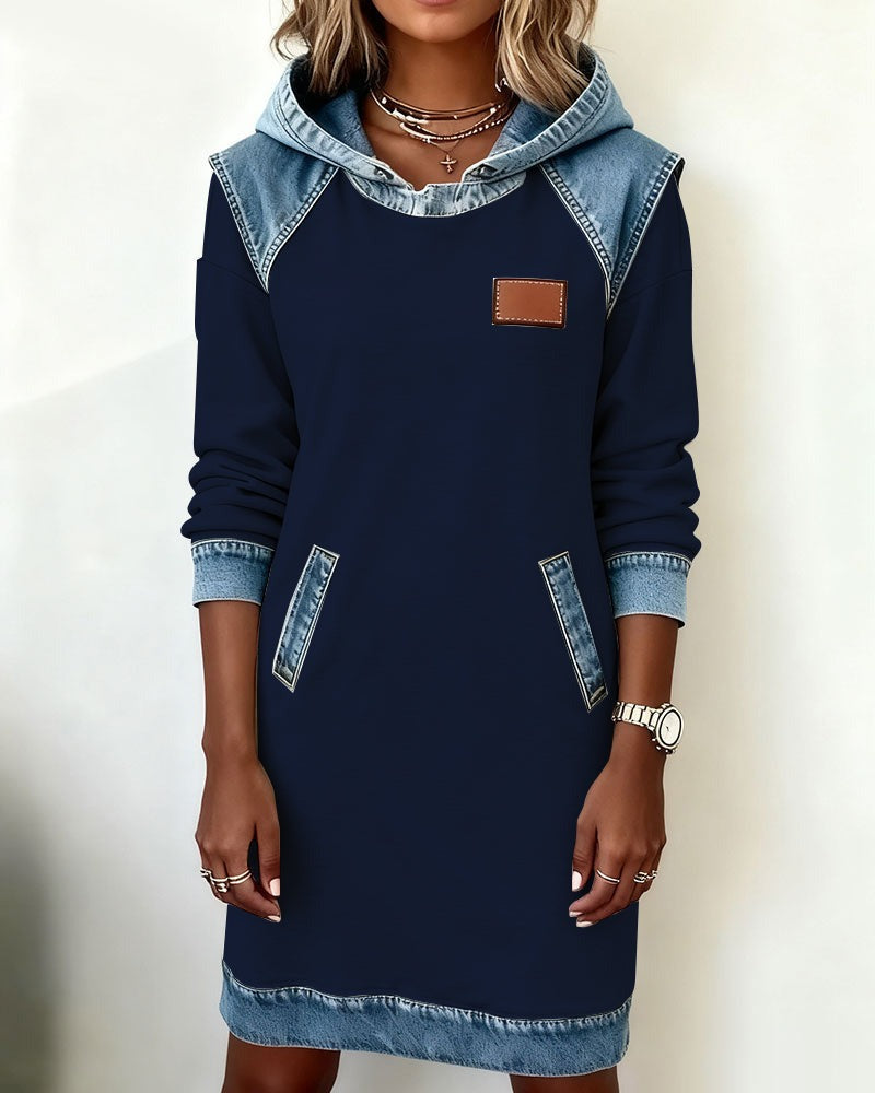 Lässiges Damen Hoodie-Kleid mit Denim-Einsätzen
