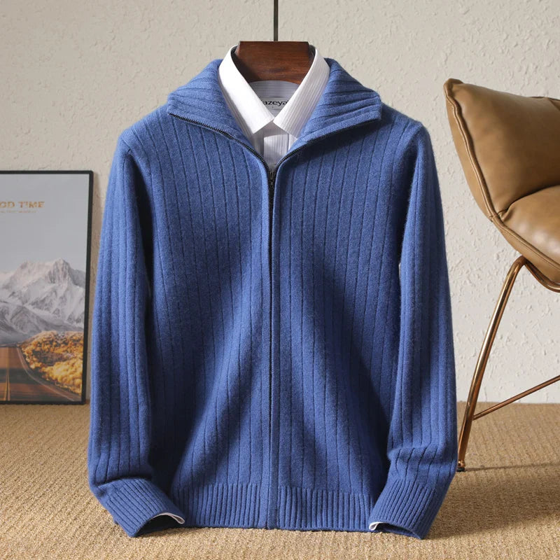 Herren Merino Woll-Cardigan mit Stehkragen und Reißverschluss