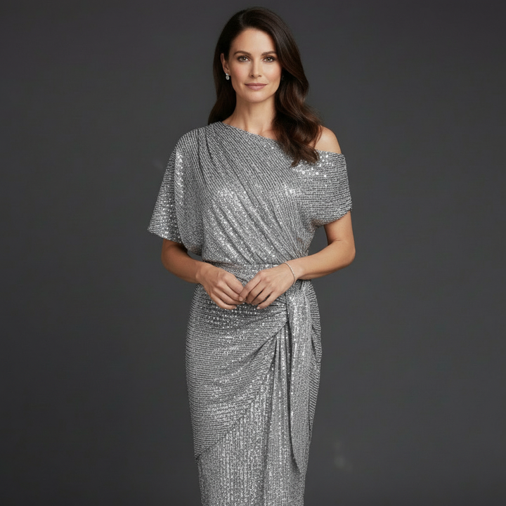 Elegantes Pailletten Cocktailkleid Damen mit asymmetrischer Schulter
