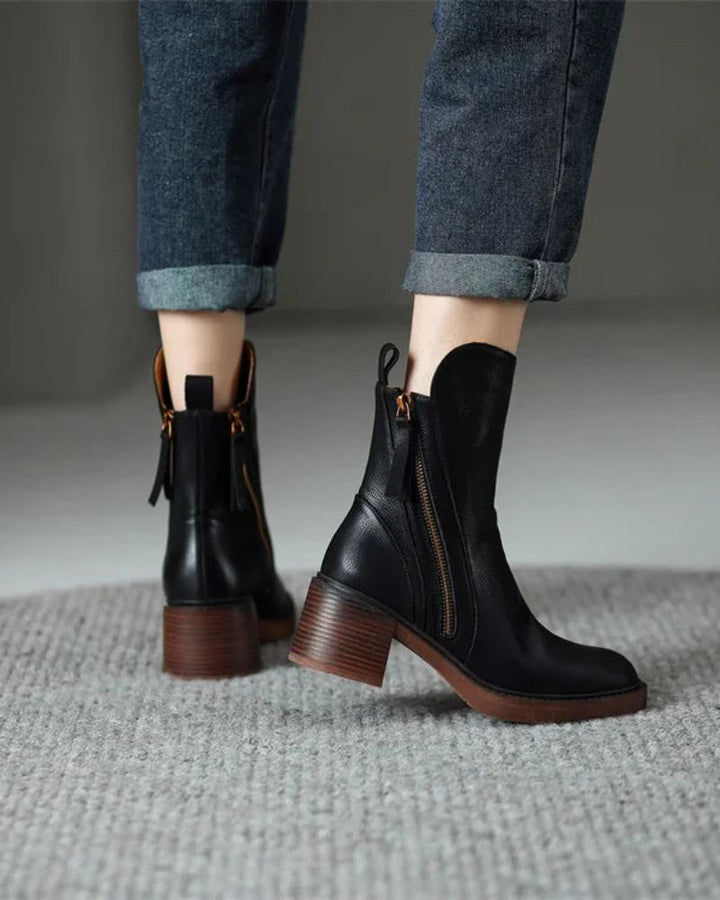 Elegante Damen Lederstiefeletten mit Blockabsatz - Bequeme Ankle Boots