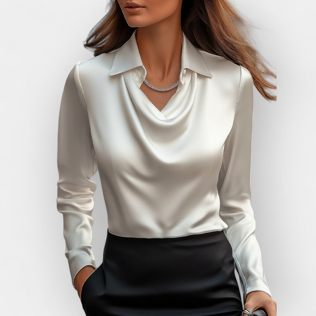 Elegante Damen Satinbluse mit Wasserfallkragen - Edle Bluse für Business und festliche Anlässe