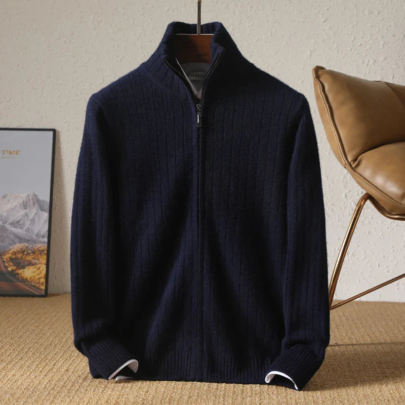 Herren Merino Woll-Cardigan mit Stehkragen und Reißverschluss