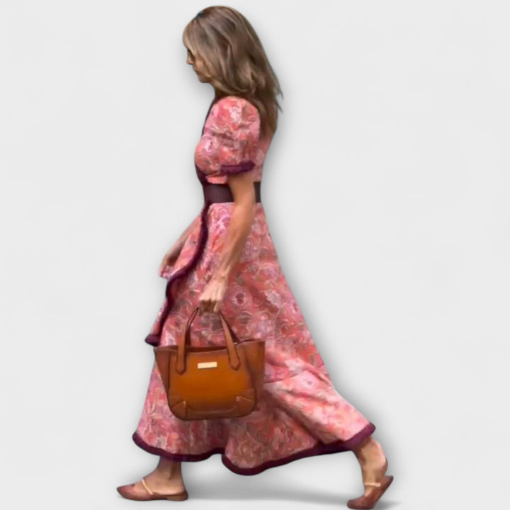 Elegantes Rosa Damen Maxi-Kleid mit kurzen Ärmeln - Fließender Schnitt