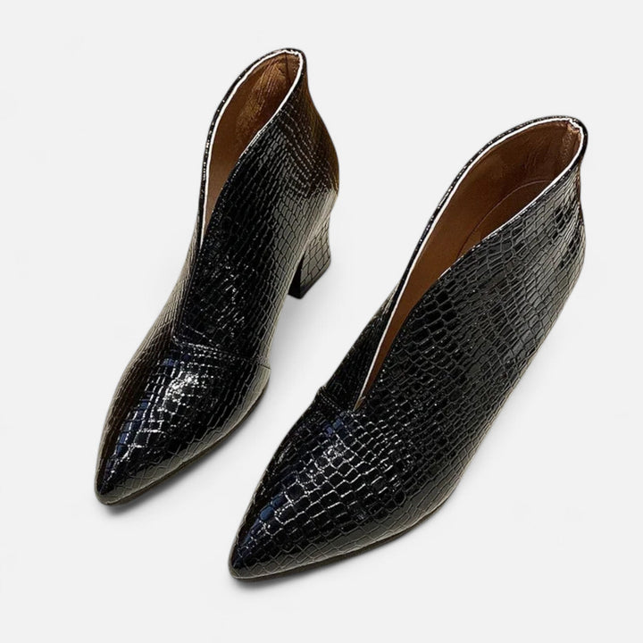 Elegante Patent Leder Damen Ankle Boots mit V-Ausschnitt