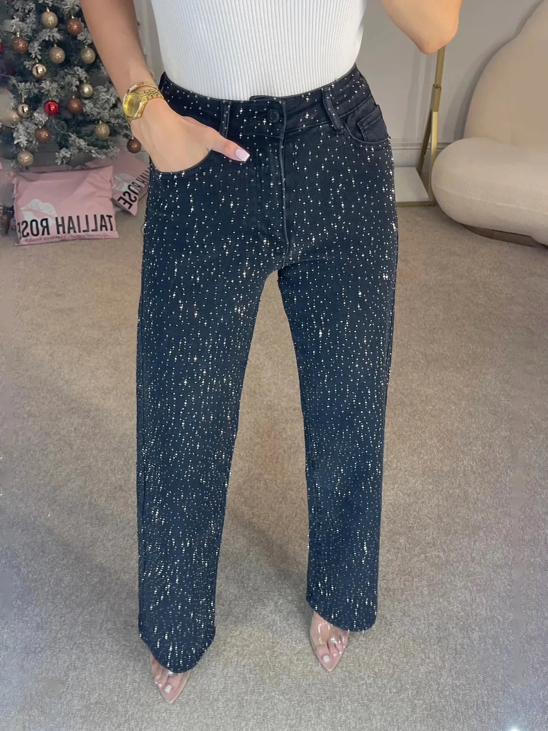 Damen Straight-Cut Jeans mit Strass-Verzierung
