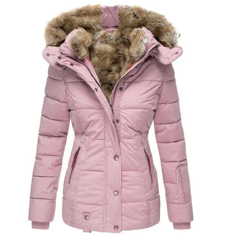Damen Winterjacke mit Kunstfell-Kapuze - Warme Steppjacke Tailliert