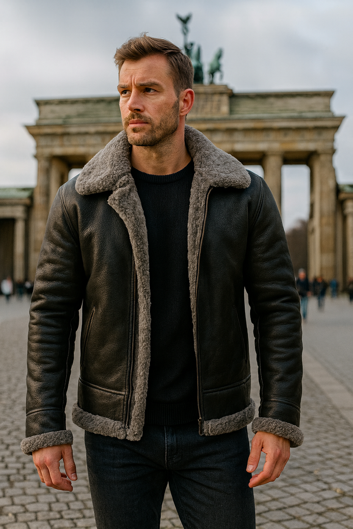 Herren Aviator Lederjacke mit Sherpa-Futter - Warme Pilotenjacke aus PU-Leder