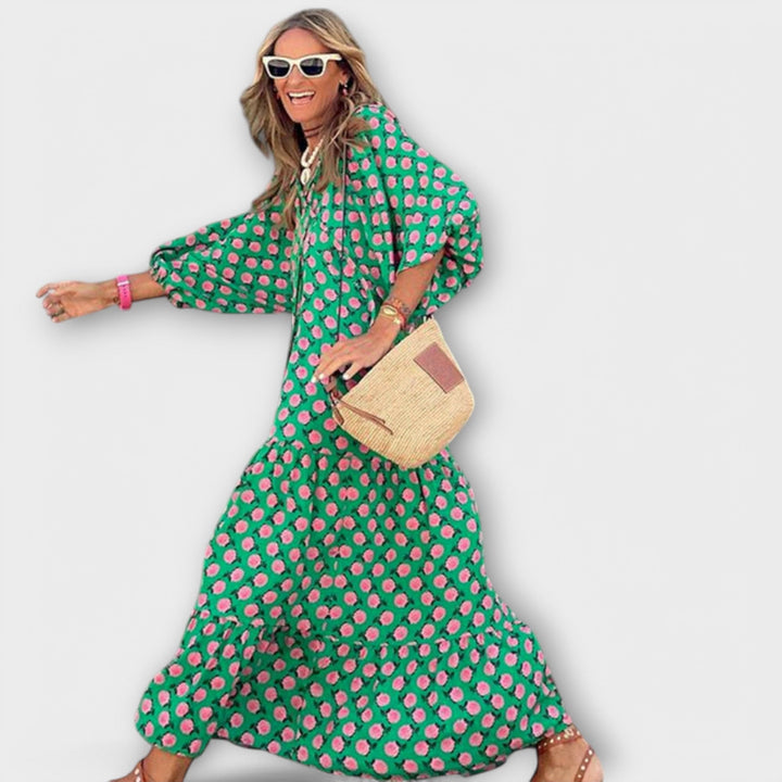 Elegantes Damen Maxikleid mit Geometrischem Muster - Lockere Passform mit V-Ausschnitt