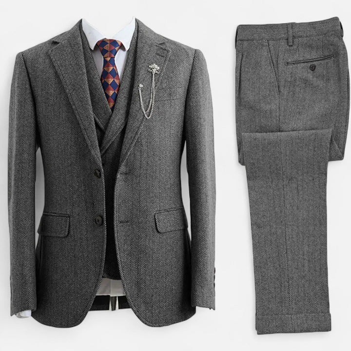 Eleganter Tweed Herringbone Herren Anzug Dreiteiler Zweireihig
