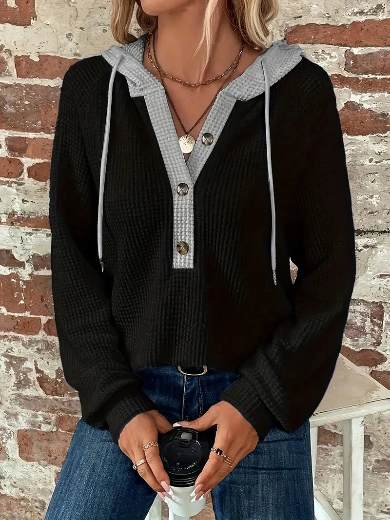 Damen Langarm-Kapuzenpullover mit Frontknöpfen - Weiche Waffelstrick-Struktur und verstellbare Kapuze