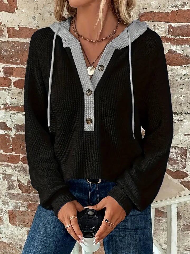 Damen Langarm-Kapuzenpullover mit Frontknöpfen - Weiche Waffelstrick-Struktur und verstellbare Kapuze