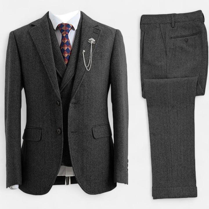 Eleganter Tweed Herringbone Herren Anzug Dreiteiler Zweireihig