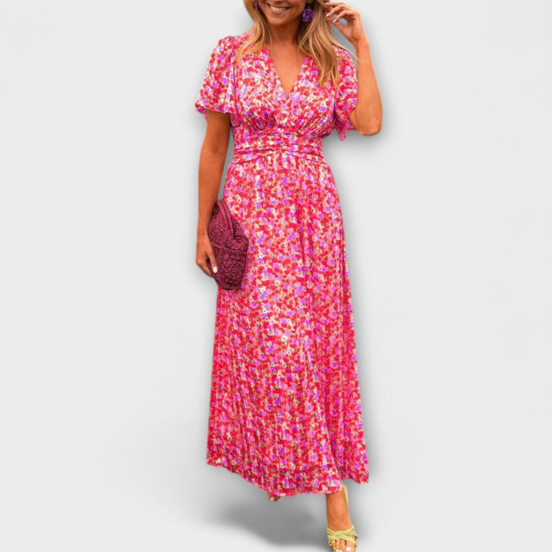 Klassisches Damen Kleid mit V-Ausschnitt und Blumenmuster - Kurzarm