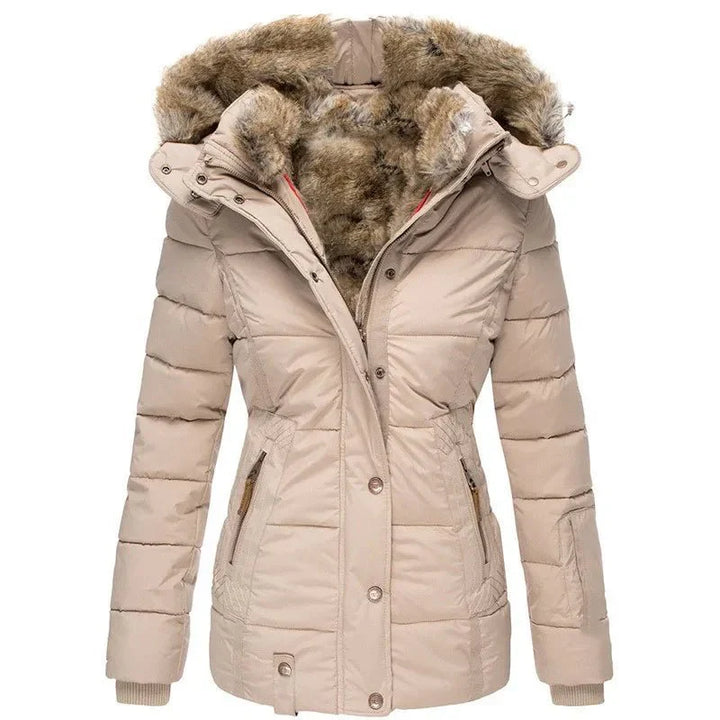 Damen Winterjacke mit Kunstfell-Kapuze - Warme Steppjacke Tailliert